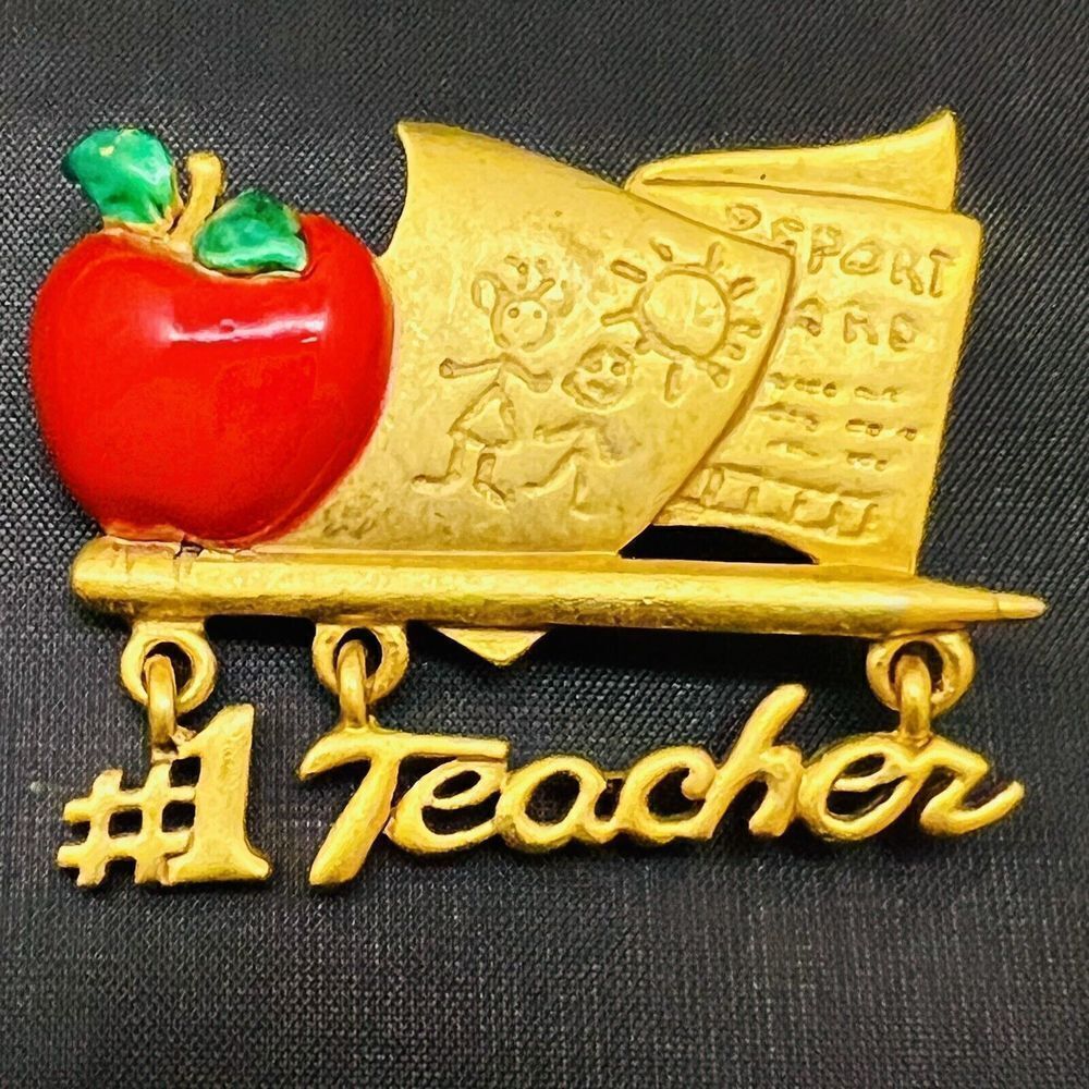 Vintage Teacher Gifts Ajc Red Apple #1 Teacher Brooch Pin Gold Tone Large 4090